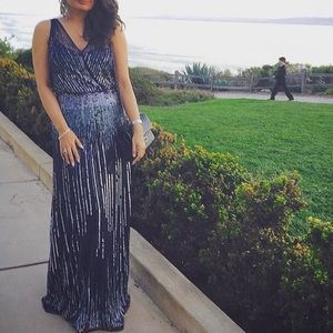 Evening dress, navy w pewter silver sequin beading